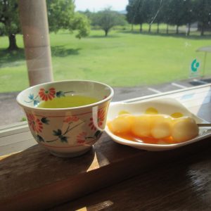 庭園を眺めながらのお茶と果物。入居者の日常生活風景